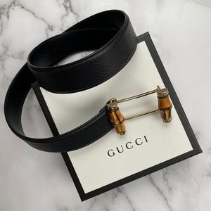 Gucci Black Leather Belt with Bamboo Buckle.